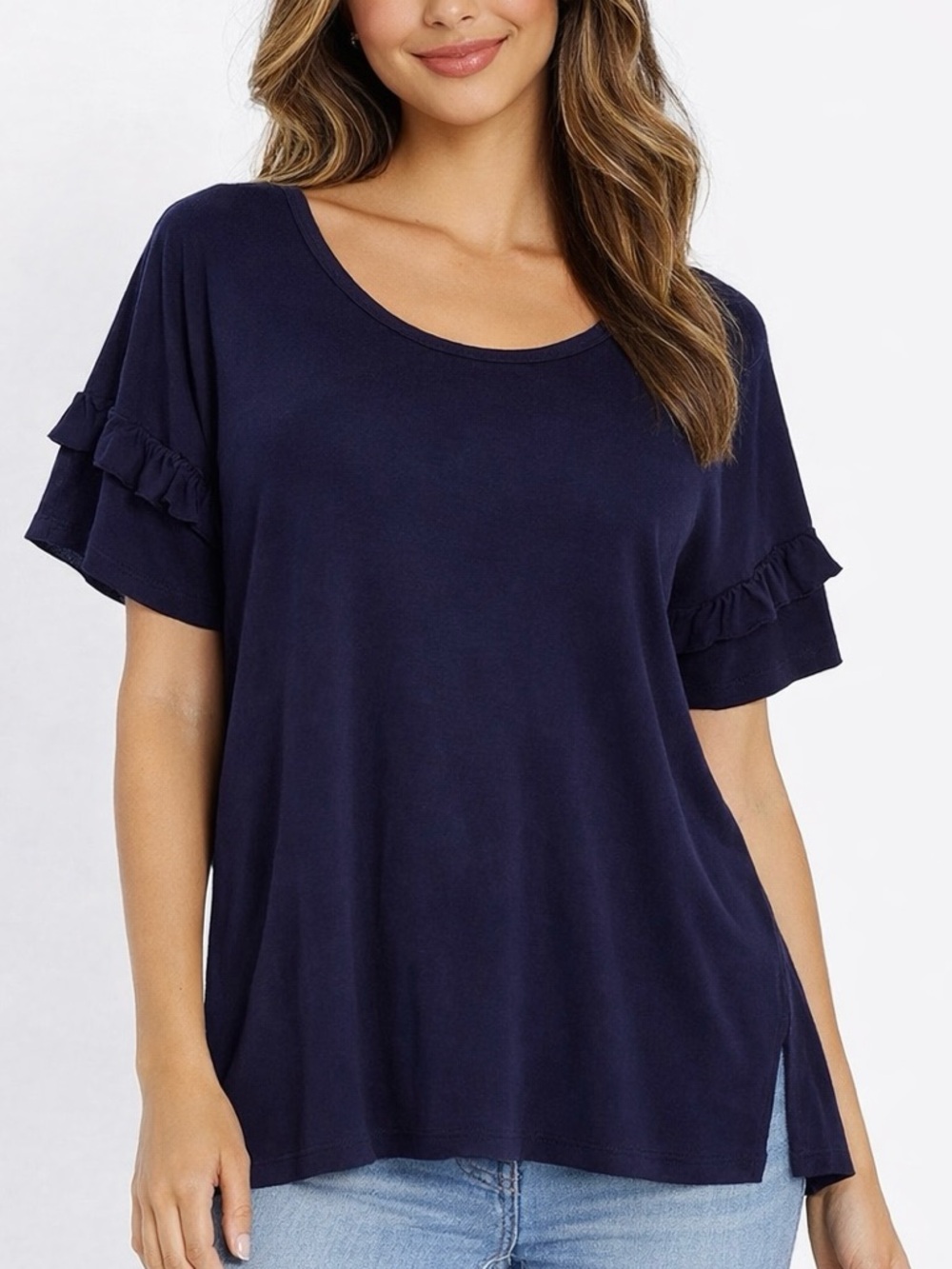 KENSIE Navy Blue Ruffle Short Sleeve Knit Top w Split Side Hem Tee T-shirt